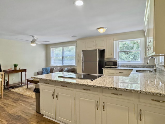 kitchen featuring light stone countertops, dark wood-type flooring, appliances with stainless steel finishes, and sink