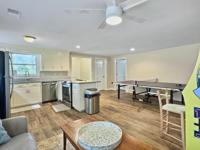 kitchen featuring ceiling fan, stainless steel appliances, light stone countertops, light hardwood / wood-style flooring, and sink