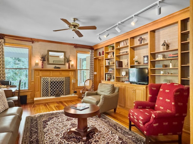 living area featuring ceiling fan, track lighting, wood-type flooring, a high end fireplace, and built in shelves