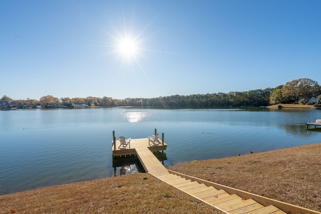 dock area featuring a yard and a water view