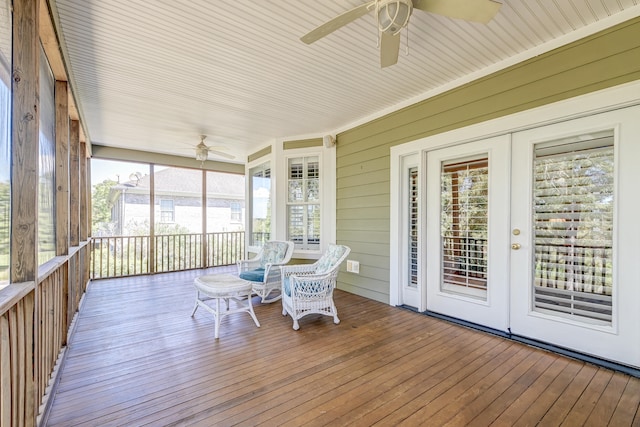 sunroom / solarium featuring ceiling fan and wood ceiling