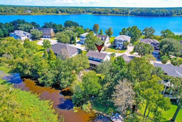 bird's eye view with a water view