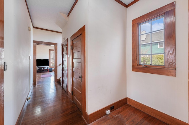 hallway featuring dark wood-style floors, baseboards, and ornamental molding