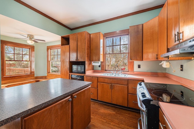 kitchen featuring brown cabinets, dark wood finished floors, range with electric stovetop, a sink, and under cabinet range hood