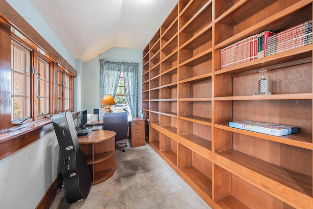 carpeted home office featuring lofted ceiling and a textured ceiling