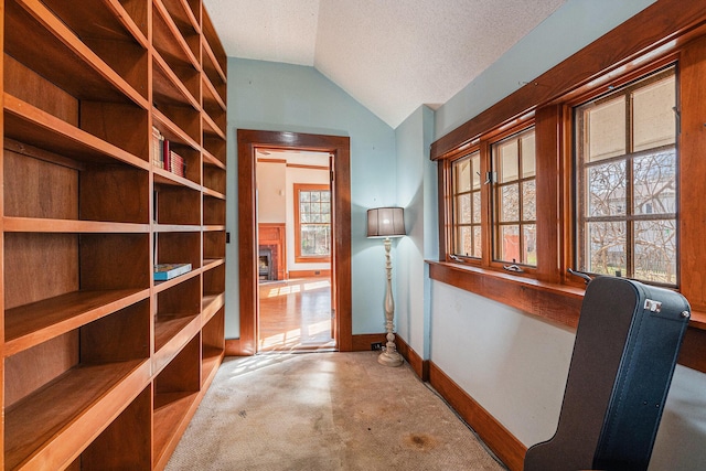 hallway with lofted ceiling, a textured ceiling, carpet, and baseboards