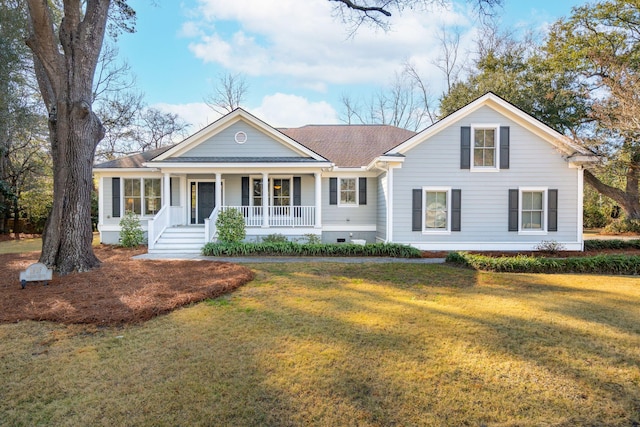 view of front facade featuring covered porch, crawl space, a front lawn, and roof with shingles