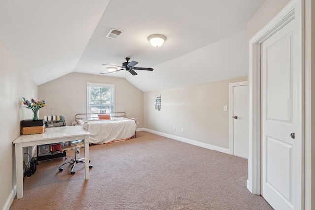 carpeted bedroom with lofted ceiling, ceiling fan, visible vents, and baseboards