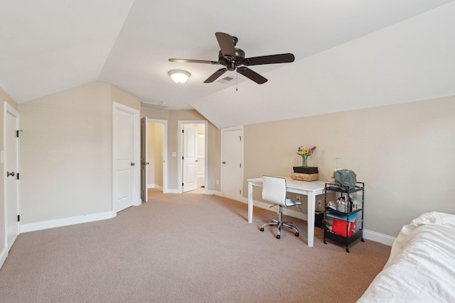 bedroom featuring a ceiling fan, light colored carpet, vaulted ceiling, and baseboards