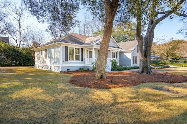 view of front of house featuring a porch, crawl space, and a front yard