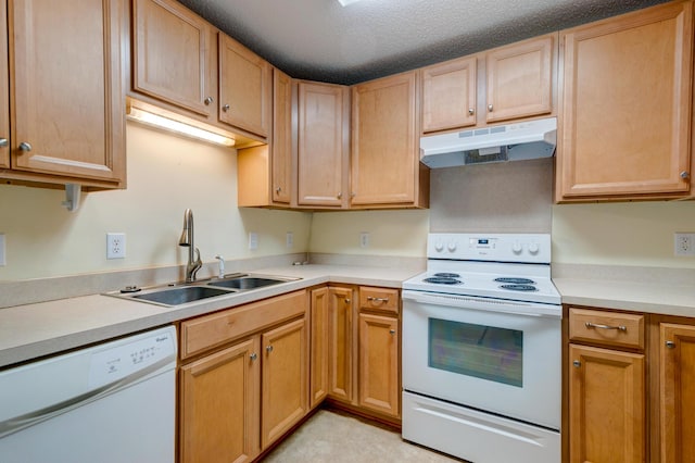 6280 Rolling Fork Rd Unit 302, North Charleston, SC 29406 - kitchen featuring white appliances, under cabinet range hood, light countertops, and a textured ceiling