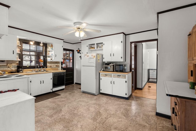 kitchen with sink, white appliances, white cabinetry, ornamental molding, and decorative backsplash