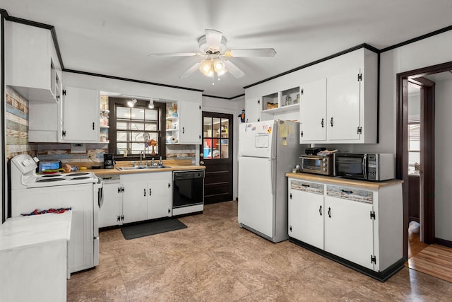 kitchen featuring sink, crown molding, ceiling fan, white cabinetry, and black appliances