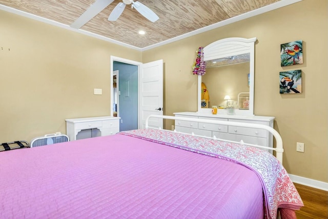 818 Club Cottage Ct, Edisto Beach, SC 29438 - bedroom with wood finished floors, baseboards, ceiling fan, crown molding, and recessed lighting