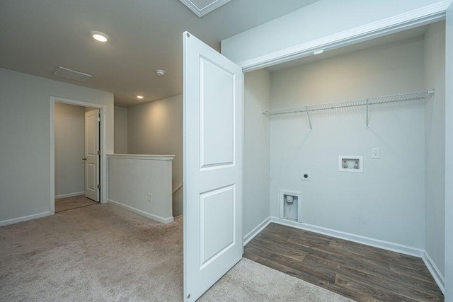 washroom featuring washer hookup, electric dryer hookup, and carpet