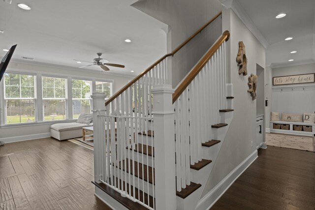 4019 Cascades Thrust, Summerville, SC 29483 - stairway with baseboards, ceiling fan, recessed lighting, and crown molding
