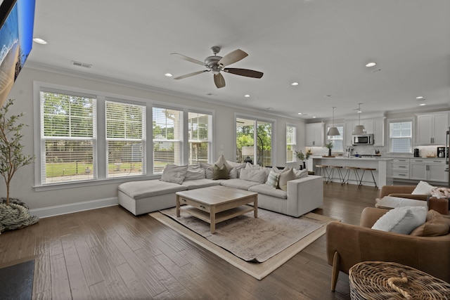4019 Cascades Thrust, Summerville, SC 29483 - living room with visible vents, recessed lighting, crown molding, a ceiling fan, and baseboards