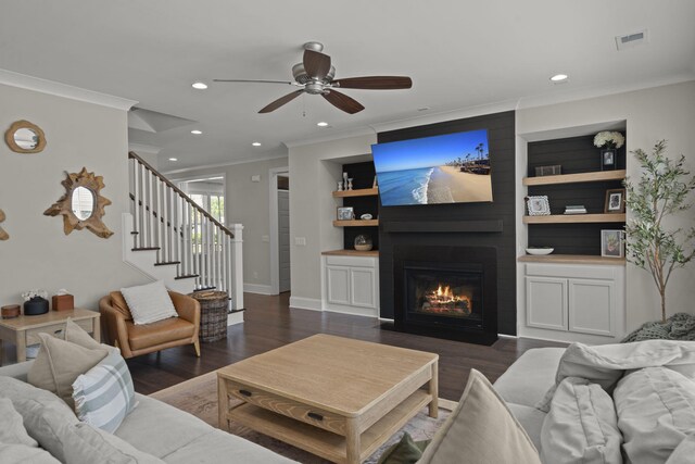 4019 Cascades Thrust, Summerville, SC 29483 - living area with visible vents, built in features, crown molding, dark wood-style floors, and a ceiling fan