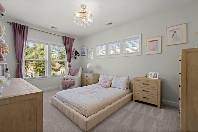 4019 Cascades Thrust, Summerville, SC 29483 - bedroom with light colored carpet, an inviting chandelier, visible vents, and baseboards