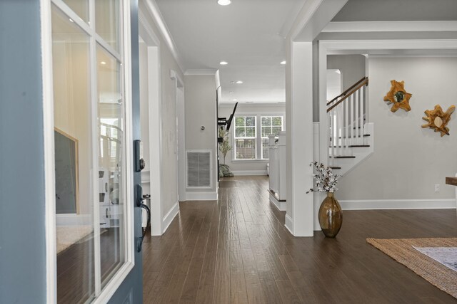 4019 Cascades Thrust, Summerville, SC 29483 - foyer entrance with stairs, visible vents, recessed lighting, dark wood-style floors, and baseboards