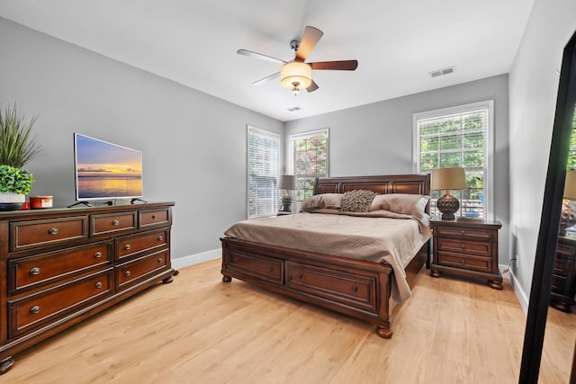 bedroom with baseboards, light wood-type flooring, and visible vents
