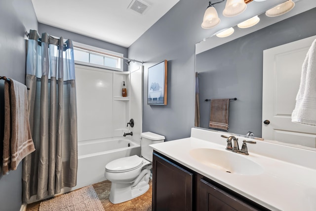 bathroom with vanity, shower / tub combo, toilet, and visible vents
