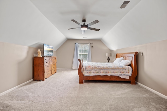bedroom featuring light carpet, a ceiling fan, baseboards, vaulted ceiling, and visible vents