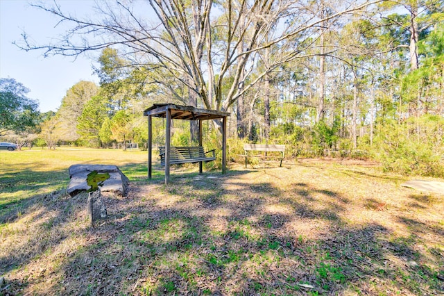 view of yard featuring a forest view