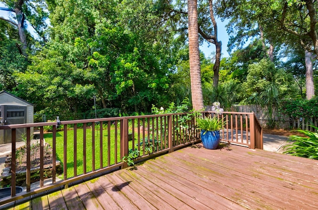 31 Lyttleton Ave, Charleston, SC 29407 - wooden deck with a shed, a fenced backyard, and view of wooded area