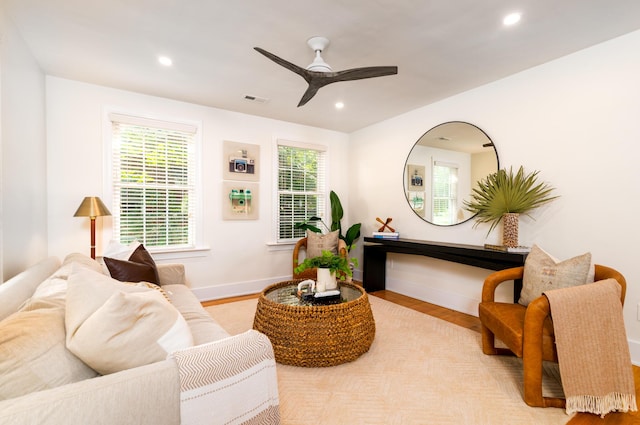 31 Lyttleton Ave, Charleston, SC 29407 - living room with wood finished floors, a ceiling fan, and recessed lighting