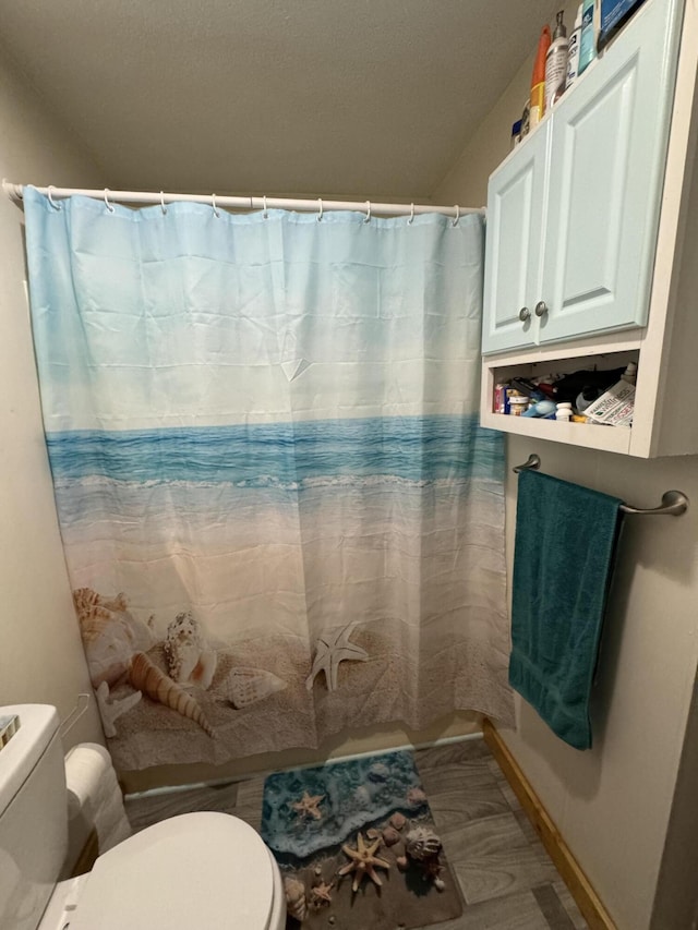 bathroom featuring curtained shower and toilet