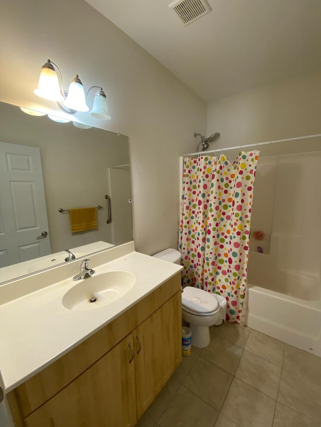 full bathroom with tile patterned floors, vanity, shower / bathtub combination with curtain, and toilet