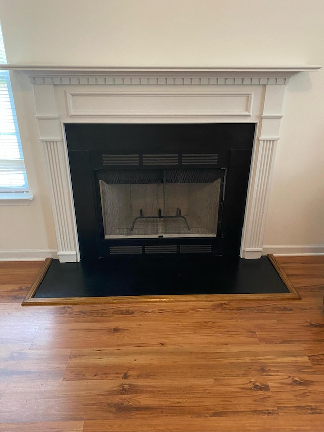 room details featuring wood finished floors, a fireplace, and baseboards