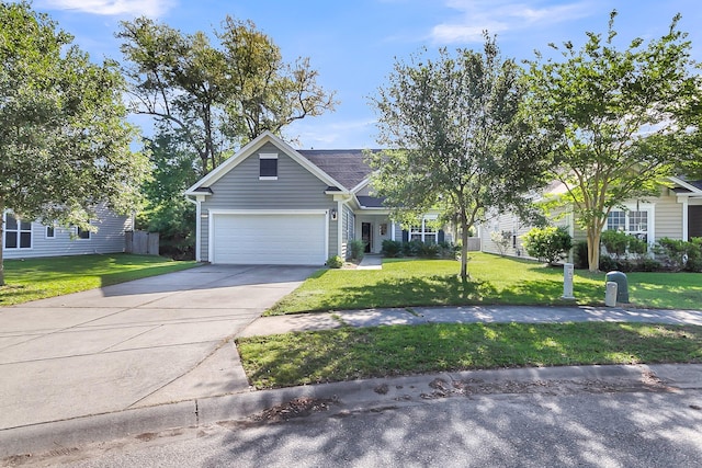 traditional home with concrete driveway, an attached garage, and a front lawn