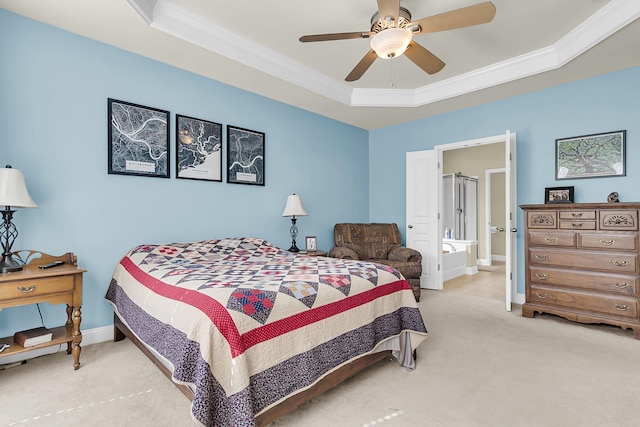 bedroom with light colored carpet, a raised ceiling, a ceiling fan, baseboards, and ornamental molding