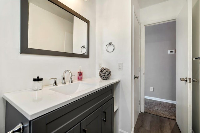 bathroom with hardwood / wood-style flooring and vanity