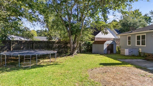 view of yard featuring a shed and a trampoline