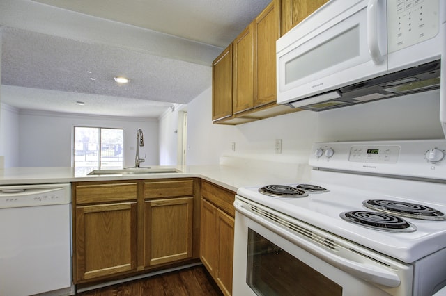 kitchen featuring dark wood finished floors, brown cabinetry, a sink, and white appliances