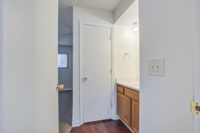 bathroom featuring hardwood / wood-style flooring, vanity, and a textured ceiling