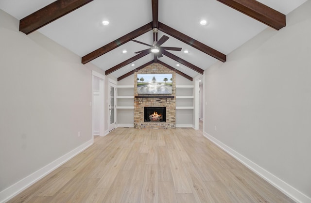 unfurnished living room with light wood-style floors, a brick fireplace, ceiling fan, baseboards, and recessed lighting