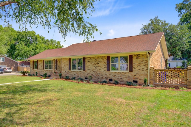 single story home with crawl space, brick siding, and a shingled roof