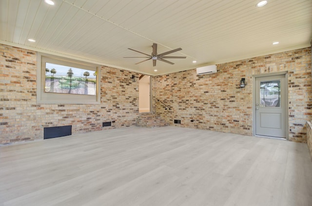 empty room featuring wooden ceiling, an AC wall unit, wood finished floors, recessed lighting, and a ceiling fan