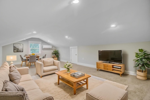 living area with vaulted ceiling, baseboards, light carpet, a wall mounted AC, and recessed lighting