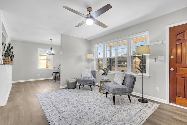 living area with hardwood / wood-style flooring, ceiling fan with notable chandelier, and plenty of natural light