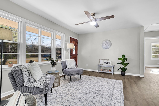 living area with dark hardwood / wood-style flooring and ceiling fan