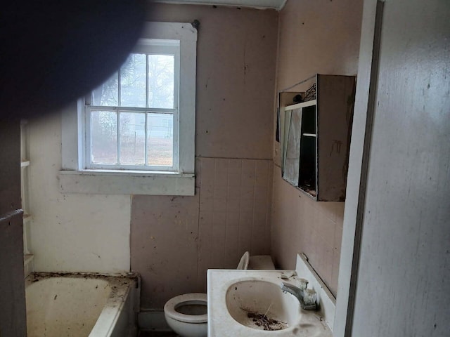 bathroom featuring toilet, sink, and a tub to relax in