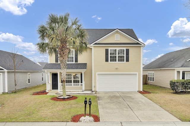 traditional home featuring driveway, roof with shingles, a garage, and a front yard