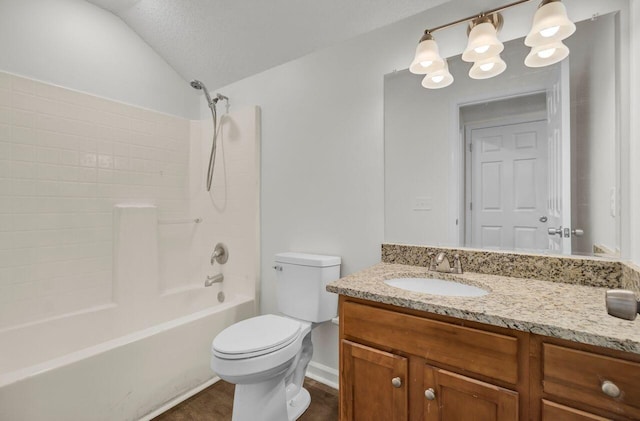 full bathroom featuring vanity, vaulted ceiling, bathtub / shower combination, and toilet