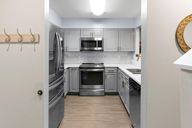 kitchen featuring sink, light wood-type flooring, gray cabinets, appliances with stainless steel finishes, and tasteful backsplash