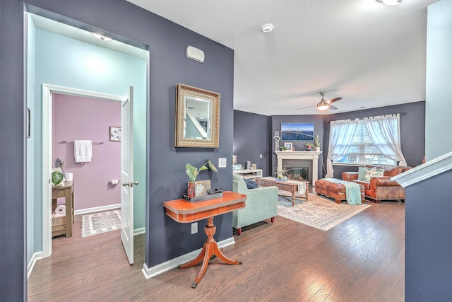 living room with ceiling fan and hardwood / wood-style flooring